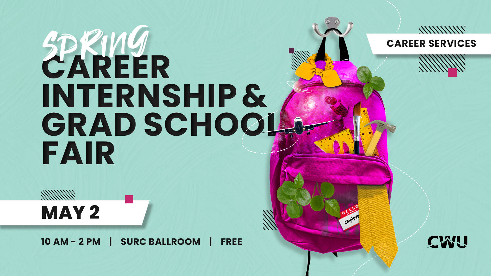 spring career fair poster, featuring a very colorful backpack with items representing various majors/careers