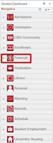 The navigation column on MyCWU with all of the different tabs you can visit. The section between "Enrollment" and "Graduation" is titled "Financial" and highlighted in the image.