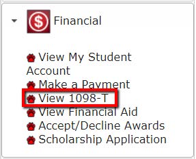 The list of options in the financial selection in the navigation tab. There is a button that says "View 1098-T" that is highlighted.