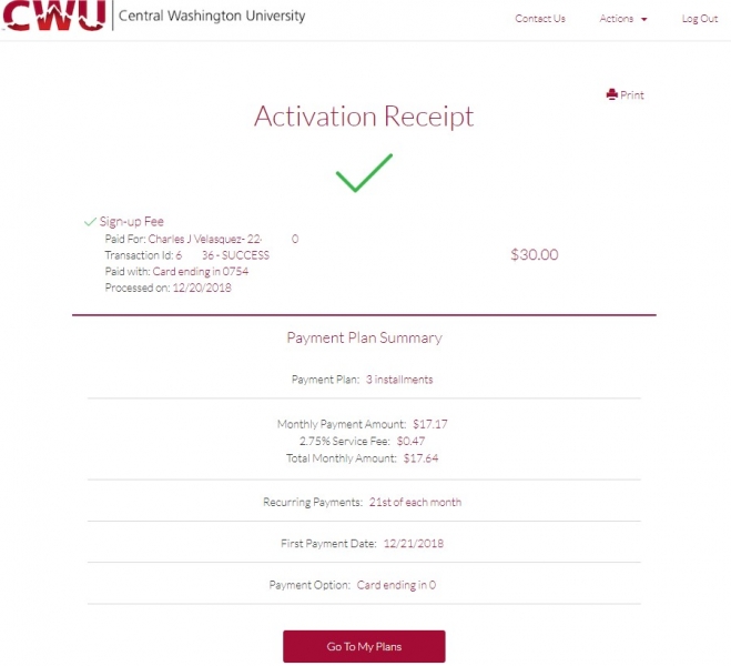 An Activation Receipt Page. There is a green check on the screen. It lists all the details of the recurring payments.