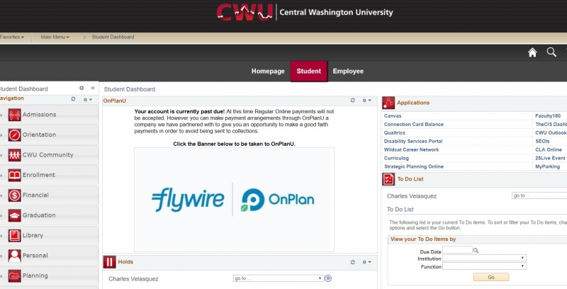The MyCWU page with the Student tab open. On the student dashboard there is a banner with logos that say "flywire OnPlan"