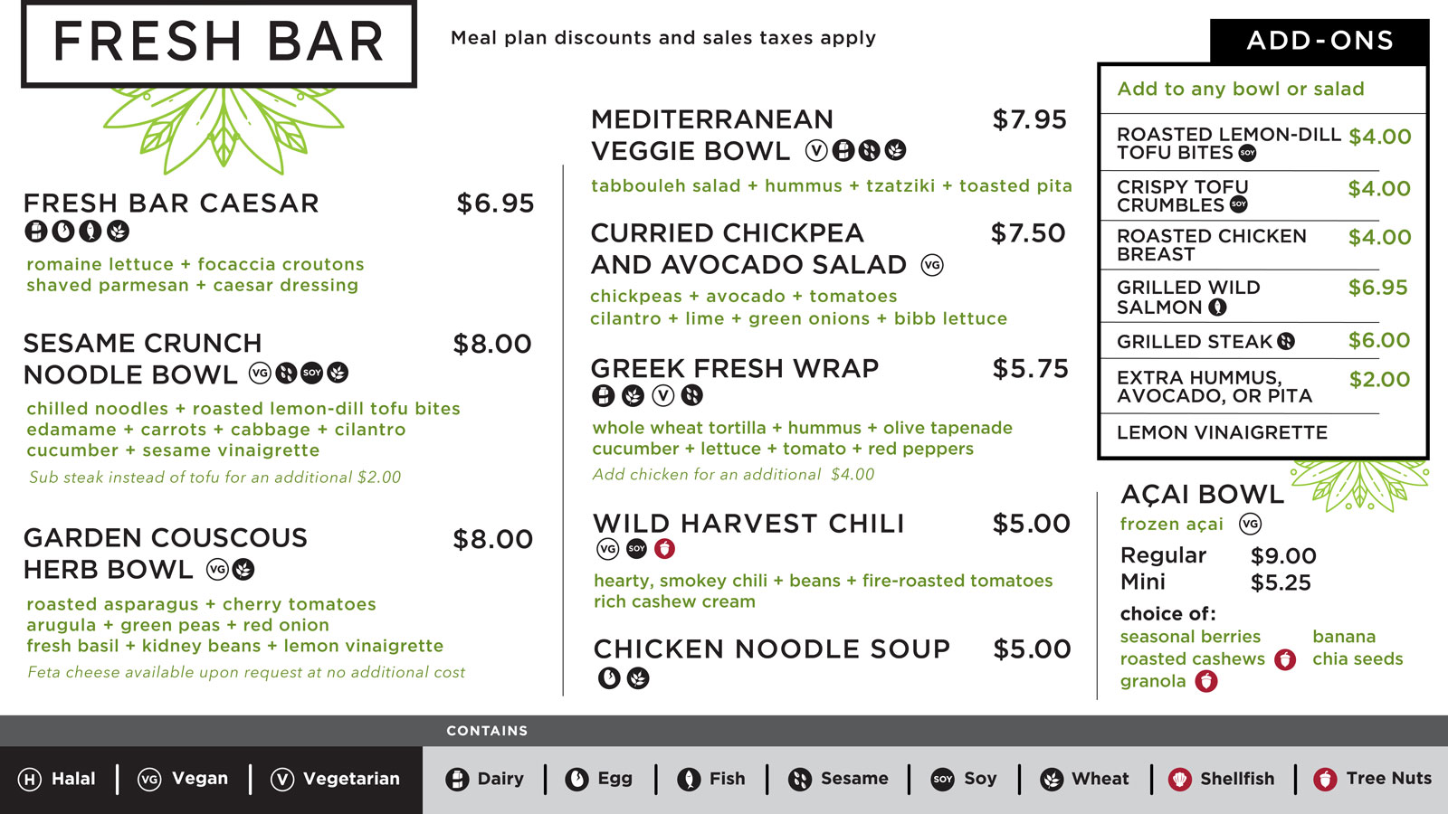 Fresh Bar lunch and Dinner menu